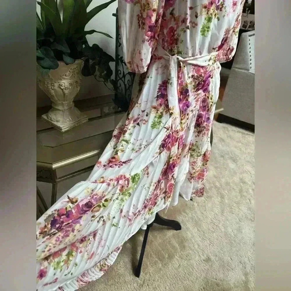 MAISON TARA PINK FLORAL RUFFLE SUMMER MIDI TIE SASH HI LOW DRESS SIZE SMALL🩷 - Picture 2 of 10